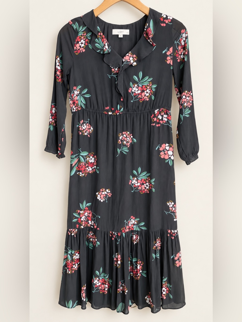Grannycore midi dress Loft dark long sleeve floral dress, modest fashion